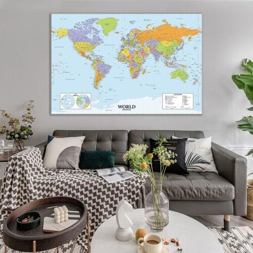 130*90cm The World Political Map with Details Wall Art Poster Non-woven Canvas Painting Classroom Home Decor School Supplies