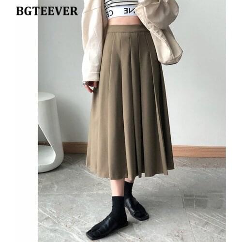 BGTEEVER Stylish Solid Ladies Pleated Skirts 2021 Autumn Winter Elegant High Waist Loose Women A-line Skirts