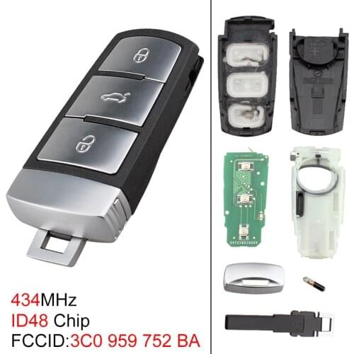 433/434MHz 3 Buttons Keyless Uncut Flip Smart Remote Key Fob with ID48 Chip 3C0959752BA Fit for VW Passat B6 3C B7 Magotan CC