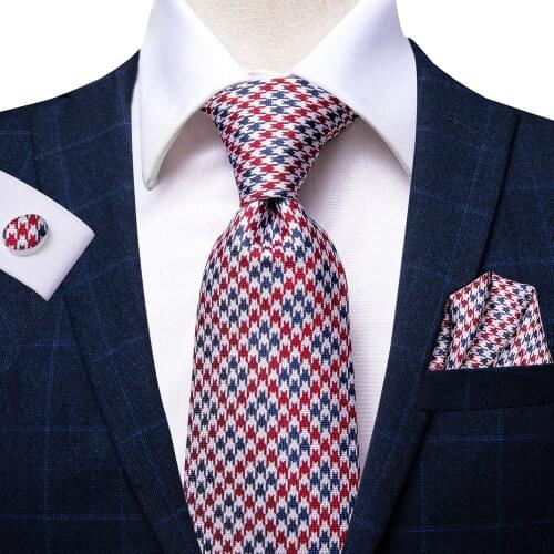 Hi-Tie Red Mens Tie Houndstooth Plaid Solid Luxury Silk Necktie Formal Dress Ties Navy Wedding Business for Men Gifts for Men