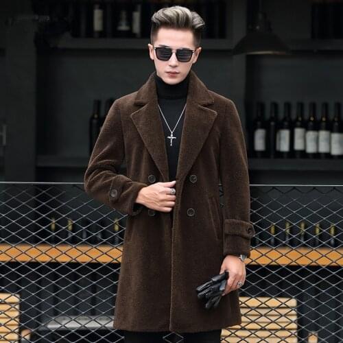 Cashmere Granular Trench Coat Men Winter New Fashion Long Coat Lapel Overcoat Luxury Brand Sheepskin High Quality