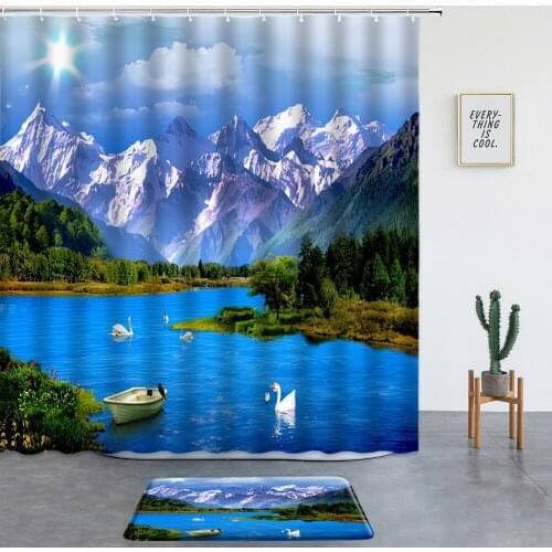 Natural Scenery Print Shower Curtains Set Mountain Lake Swan Non-slip Rug ​Bathroom Screen Room Decor Bath Mat Entrance Door Mat