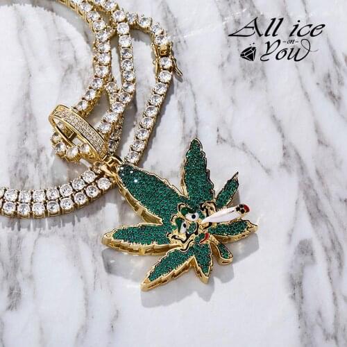 ALLICEONYOU Green Maple Leaf Pendant Necklace Ice Out Cubic Zirconia Pendant Bling Cuban Chain Charm Hip-hop Fashion Jewelry