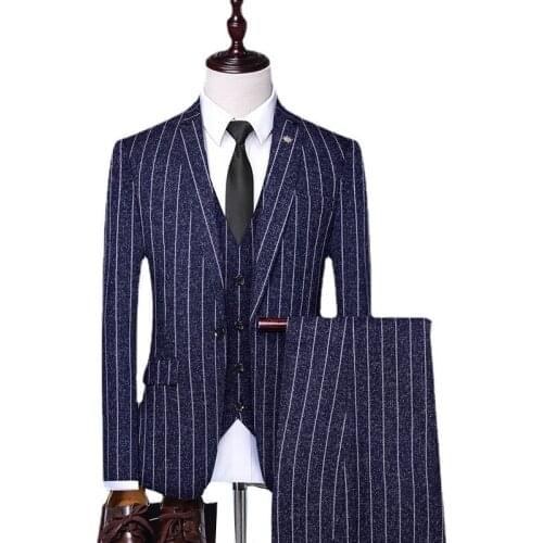 Jacket+Vest+Pants) Wonderful Groom Male Wedding Prom stripe Suit Slim Tuxedo Men Formal Business Work Wear Suits 3Pcs Set