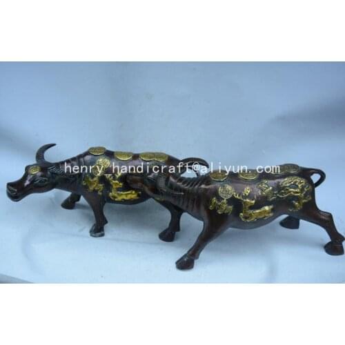 Rare Old Qing Dynasty brass statue,gilt cow,A pair, free shipping