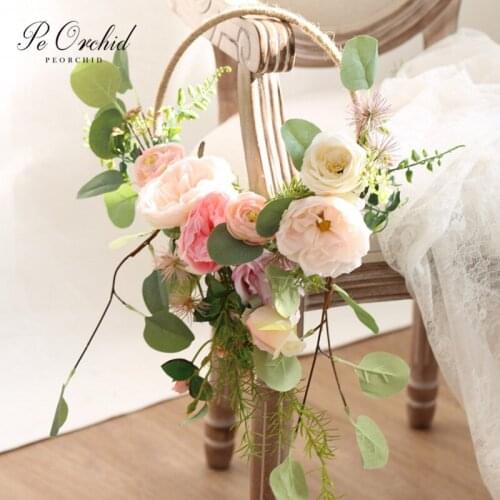 PEORCHID Gorgeous Pink Wedding Wreaths Peony Rose Fake Bridal Flowers Eucalyptus Wreath Summer Hoop Bouquets For Brides