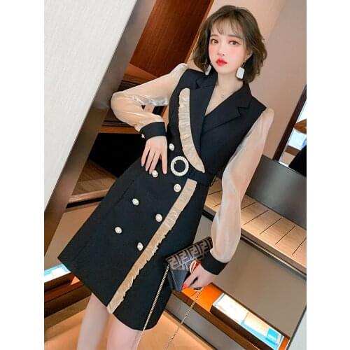 Top Quality Suit collar stitching glossy look through yarn sleeve belt dress for women in summer