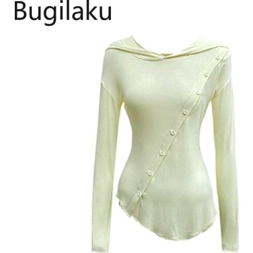 Bugilaku Solid Color Basic T Shirt Women New Arrival Single Breasted Long Sleeve Graphic Tshirts Casual Daily Life Hooded Tops