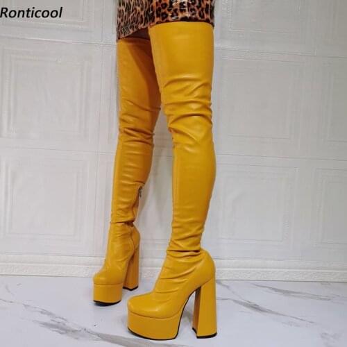 Ronticool Handmade Women Autumn Stretch Thigh Boots Side Zipper Block Heels Round Toe Yellow White Red Club Shoes Us Size 5-15