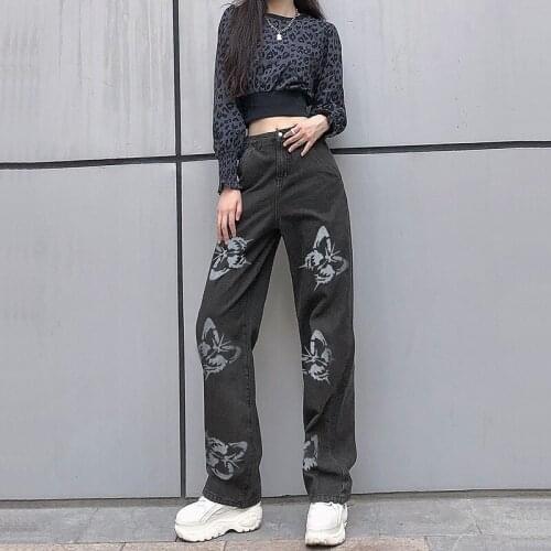 2021 Blue Black Vintage Butterfly Printed Baggy Jeans Women Casual High Waist Wide Leg Pant Denim Cargo Pants Fashion Streetwear