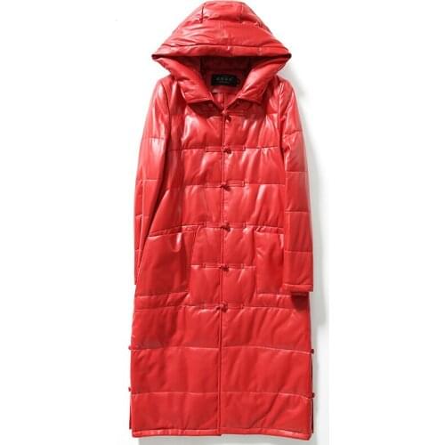 Autumn Winter Duck Down Warm real jacket women genuine Sheepskin leather long hooded trench coats chaqueta mujer