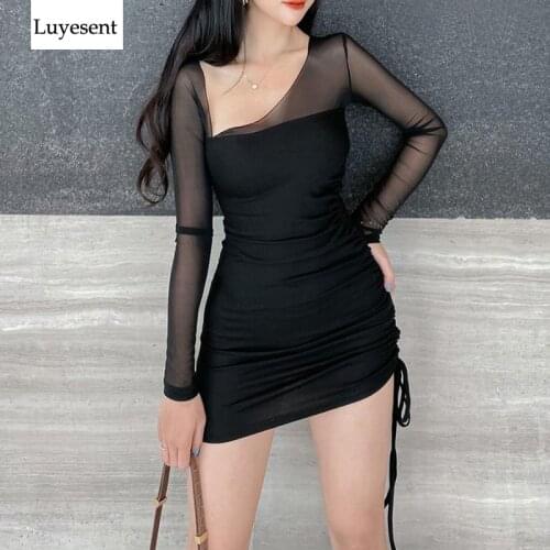Women Skew Collar Sexy Dress 2021 Lady Mesh Spliced Spring Drawstring Mini Empire Pleated Transparent Slim Vestidos Streetwear