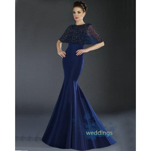 Vestido de festa robe de soiree Arabic Top Quality Navy Blue Mermaid Half Sleeve o-neck long Evening mother of the bride Dress