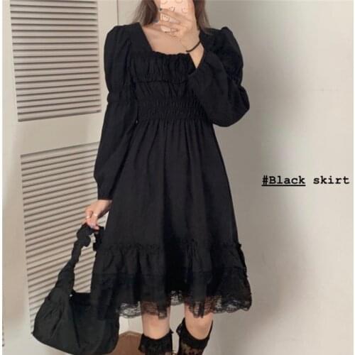 Retro Square Neck Gothic Dark Black Girl Lace Stitching Long Sleeve Dress Black Lace Up Sexy Party Summer Loose Dress