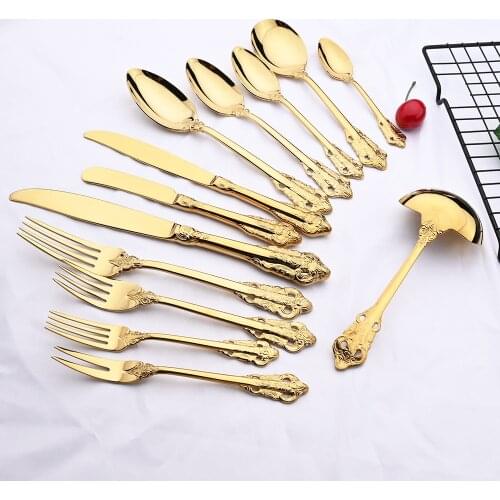 Gold Luxury Dinner Set Western Gold Plated Dinnerware Cutlery 18/10 Stainless Steel Vintage Kitchen Untensile Knife Fork Set