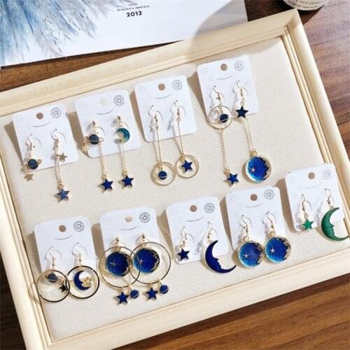 2019 Fashion Blue Universe Starry Planet personality star moon geometric round Asymmetric Long dangle Earrings for women jewelry
