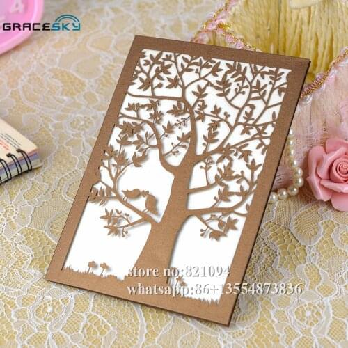50pcs Free Shipping Laser cut Happy Big Tree Design folded style hollow Paper Wedding Invitation Cards with inner Blank paper