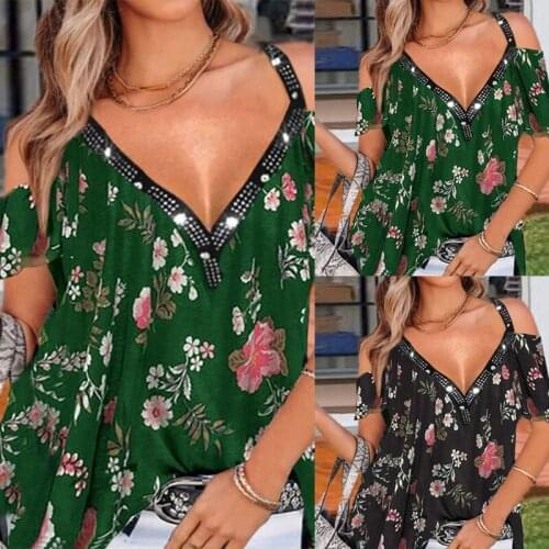 Women Sexy Cold Shoulder Short Sleeve Shirts Rhinestone V-Neck Loose Blouse Boho Floral Pleated Flare Hem Tunic Tops
