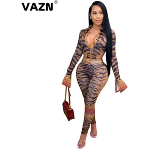 VAZN 2020 New Retro Sexy Club High-end Hollow Out Deep V-Neck Full Sleeve Bodysuit Group Long Pants Skinny Women 2 Piece Set