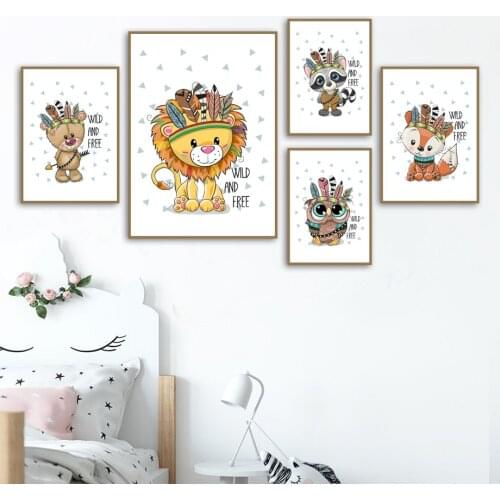 Lion Bear Owl Fox Feather Wall Art Canvas Painting Nordic Posters And Prints Animals Wall Pictures Boy Girl Baby Kids Room Decor