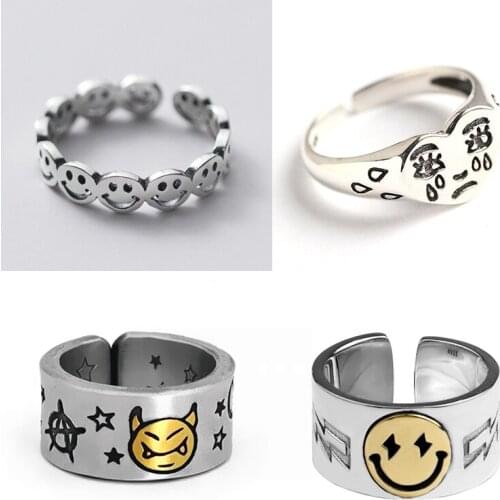 4pcs Vintage Ancient Silver Color Rings for Women Smile Flower Frog Fashion Men Adjustable Open Rings Set Punk Hip Hop Jewelry