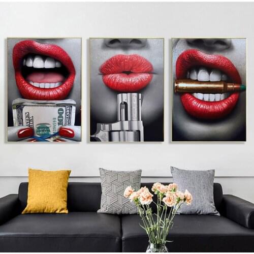 Blood Red Lips Sexy Lip With Gun And Money Fashion Canvas Art Painting Modern Wall Decor Poster And Prints For Room Decor