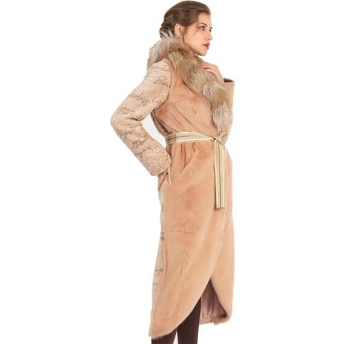 MODAQUEEN Store Women Mink Lamb And Amber Argente Fur Accessory Text Pattern Details Custom Design Fabric Coat 2008-C