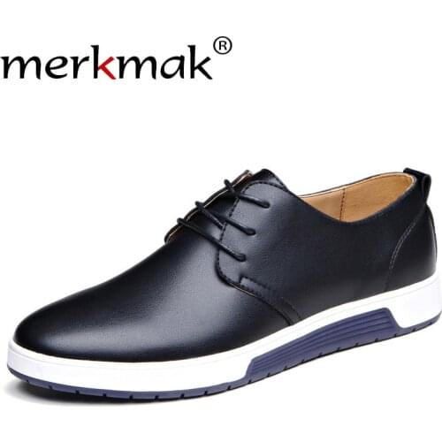 Merkmak Brand Men Shoes Casual Leather Fashion Trendy Black Blue Brown Flat Shoes for Men Drop Shipping
