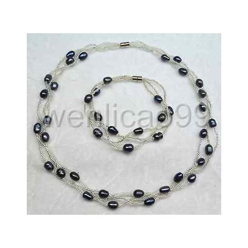 Nature BLACK Cultured rice knit Pearl Necklace Bracele