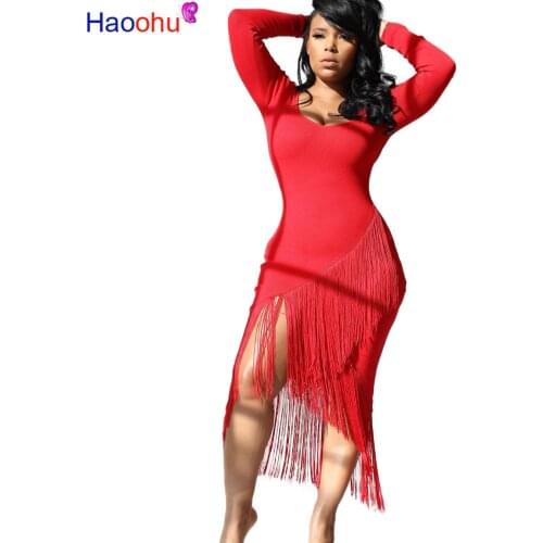 HAOOHU Women autumn winter Full Sleeve Cute Girl Midi dress Tassel HIgh Waist o-neck club night party bandage dresses
