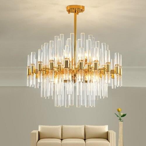 Post Modern Luxury Crystal Glass Tubes Lustre Led Chandelier Living Room Plate Metal/Copper Pendant Chandelier Lamparas Fixtures