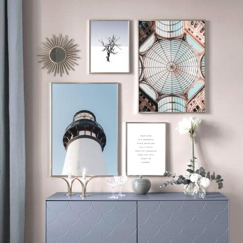 Sea Beach Snow Mountain Landscape Poster Nordic Style Roof Lighthouse Quotes Canvas Painting Wall Pictures for Living Room Decor