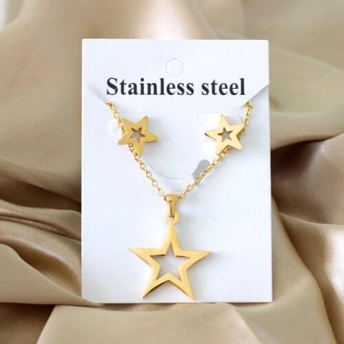 Star Pattern Pendant Necklace and Small Earrings Set Gold/Silver Color Stainless Steel Jewelry Set for Women Girl Daily Wear