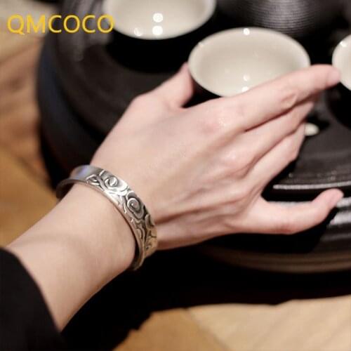 QMCOCO 925 Silver Bracelet For Man And Woman Punk Classic Design Vintage Do Old Lotus Leaf Open Adjustable Bracelet For Couple