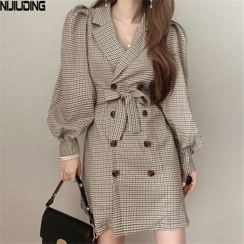 Retro Double-breasted Plaid Women Mini Dresses 2021 Spring Autumn Long Puff Sleeve Turn Down Collar Lace Up Sexy Short Dress