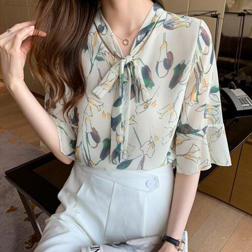 Print Floral Chiffon Blouse Bow 2021 Summer Tops Japan Style Short Sleeve Pullover Korean Clothes Women Shirts Chemisier Femme
