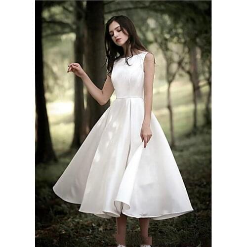 Fairy Simple tea length wedding dresses a line satin Jewel Neck Garden Country Cheap Bridal Gowns Modest Boho zipper back robes