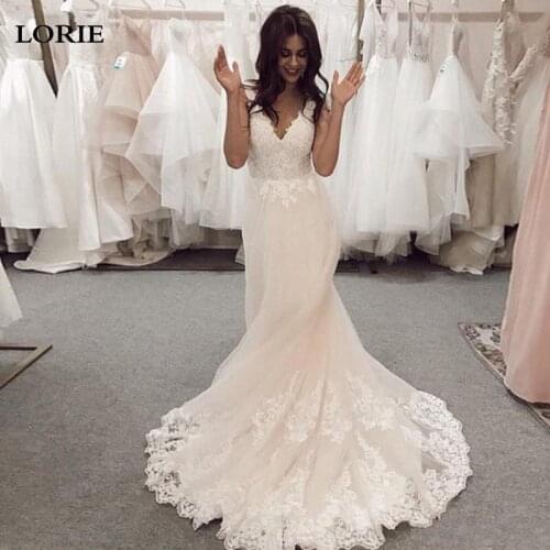 LORIE V Neck Wedding Dresses Ivory Applique Lace Open Back Bridal Dress Vestido De Noiva Princess Wedding Gowns