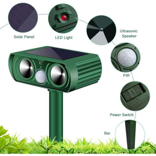 Ultrasonic Dog Chaser Animal Deterrent with Motion Sensor & Flashing Lights Outdoor Solar Farm Garden Yard Repellent Waterproof