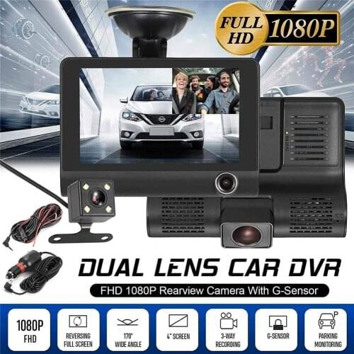 Dash Cam 1080P FHD DVR Car Driving Recorder 4" LCD Screen 170°Wide Angle, G-Sensor, Parking Monitor, Car DVR 3 Cameras Dual Len