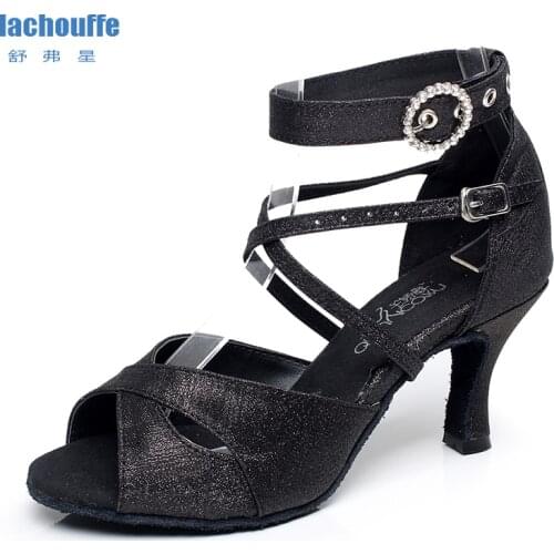 Ladies Glitter Latino Dancce Shoes Balck Sliver Gold Flare Heel Tango Salsa Dancing Shoes for Woman Soft Bottom Party Sandals