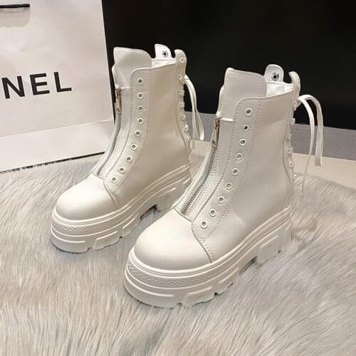 Women Boots Thick Heel Ankle Boots New Black Chunky Boots Autumn Winter Leather Woman Punk Boots Platform Fur Boots