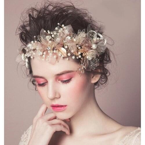 New Trendy Flower Hair Jewelry Gold Pearl Handmade Bridal Wedding Headband Rhinestone Hairband Women Hair Accessories Ornaments