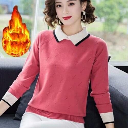 2021 New Autumn Winter Women Sweater Turndown Collar Color Matching Pullover Sweater Knitted Tops Korean Fashion Y196