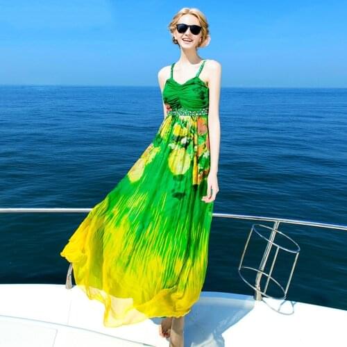 100% Real Silk Summer Dress Women Sexy Boho Beach Maxi Dresses Vintage Floral Party Dress Strapless Green Vestidos 70015100906