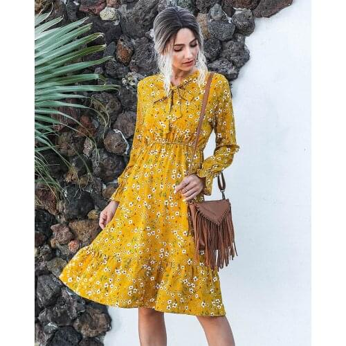 Za Womens Dress Floral Print A Line Casual Elegant O Neck Bow Lace-up Slim Long Sleeve Ruffle Dress Winter Lady Party Dress
