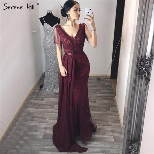 Serene Hill Burgundy Luxury Beaded Tassels Evening Gown 2021 Sexy V-Neck Sleeveless For Women Formal Party Dress CLA60846