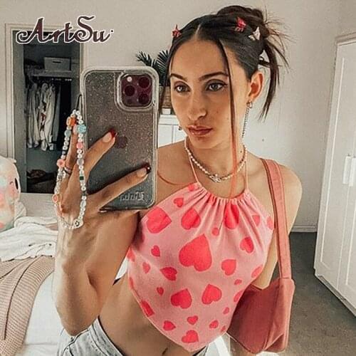 Artsu Aesthetic Gothic Halter Top Women Heart Print Cute Kawai Club Outfits E Girl Backless Sexy Slim Summer Crop Tops Y2K
