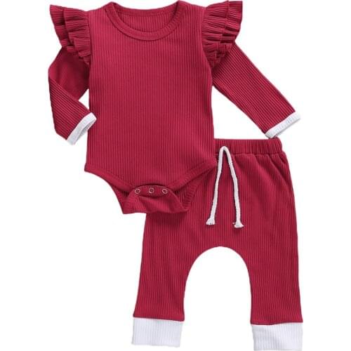 Baby Girl Bodysuit Jogger Pants Suit Cotton Round Neck Ruffle Long Sleeve Top Lace-up Trousers