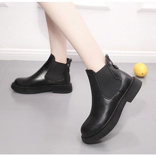 Chelsea Boots Womens Ankle boots British style Girls Naked Boot Round Toe Winter Shoes Woman Flat Boot Black 69m